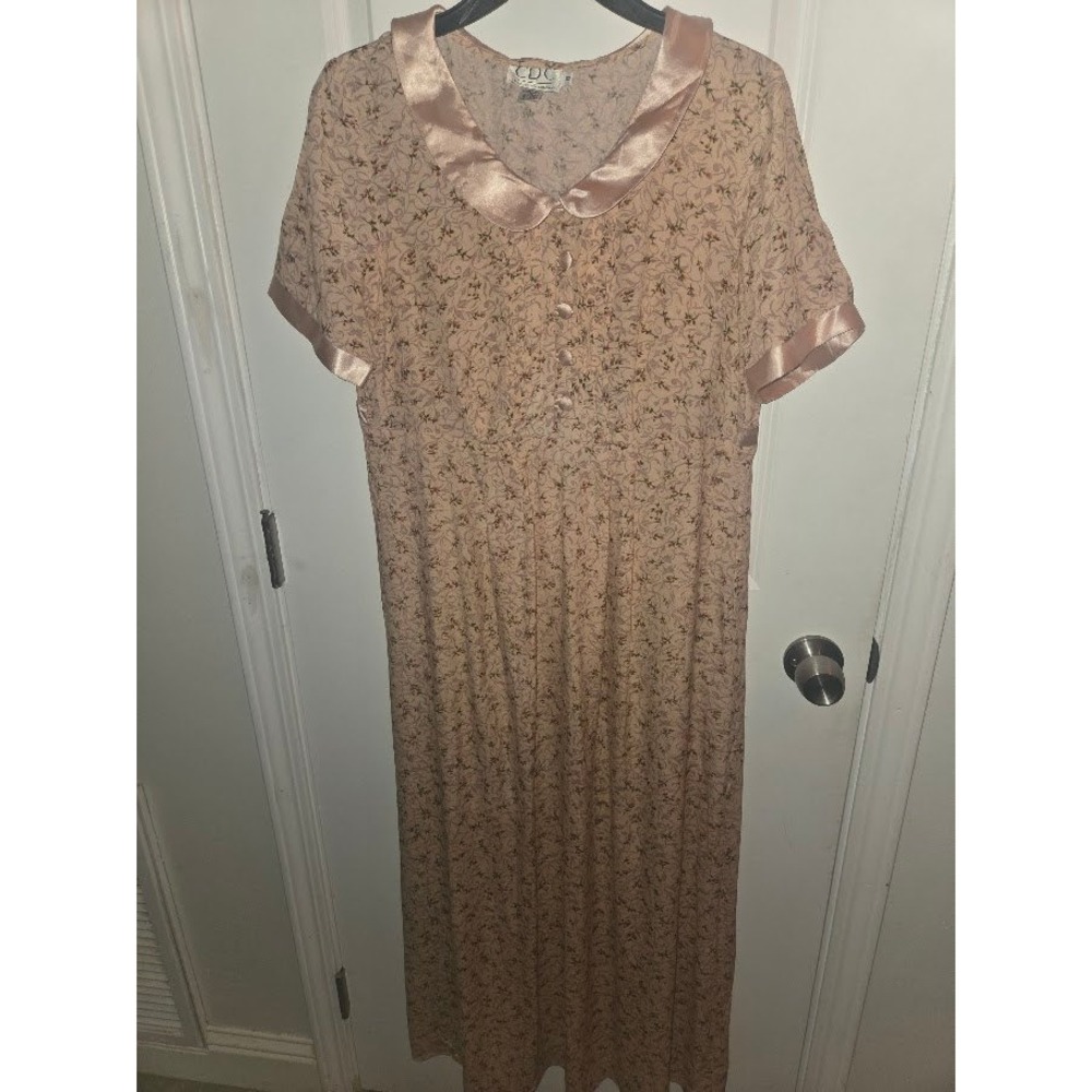 CDC Caren Desiree Company Vintage Floral Maxi Dress Pink Satin Trim Size 8